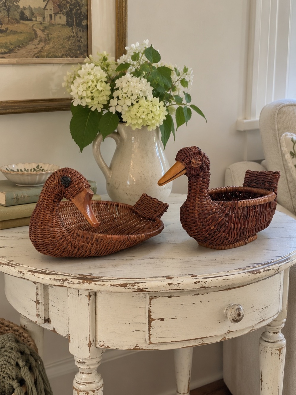 Vintage 1970s 70s Wicker Rattan Duck Baskets Boho Cottagecore Farmhouse kitchen